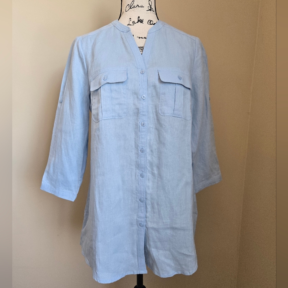 Nicole Miller Linen Shirt Womens M Blue 3/4 Sleeve Button Front